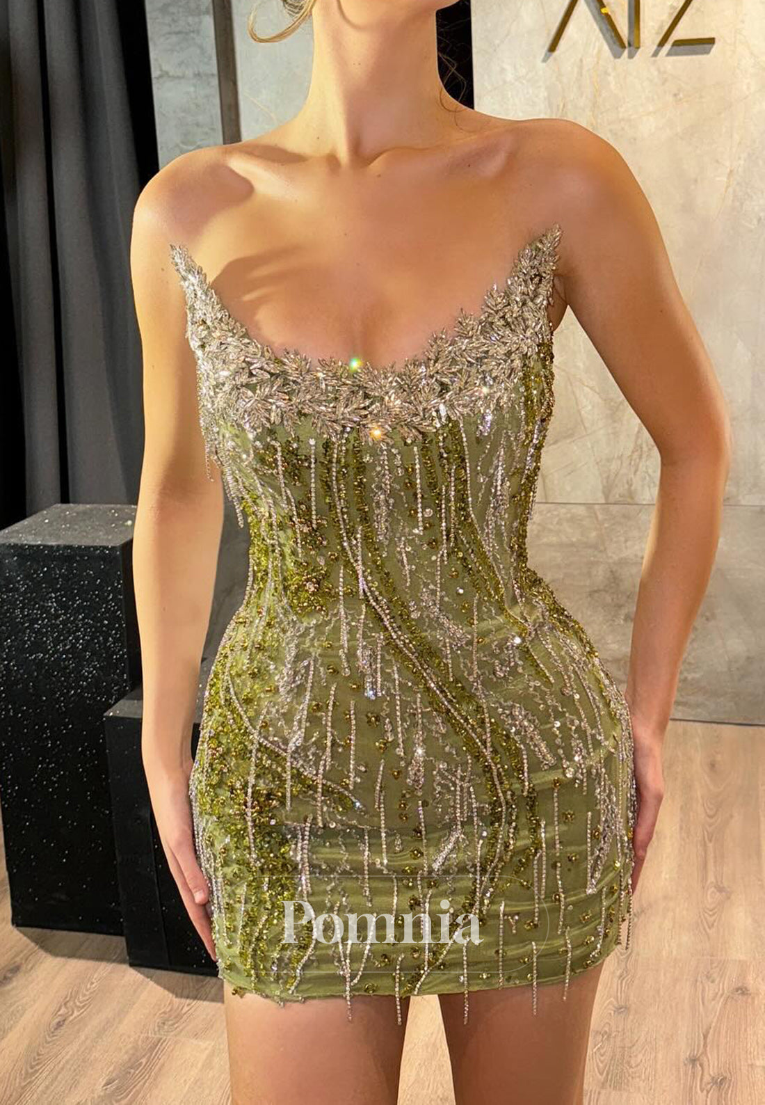 Dusty Sage Sleeveless Strapless Sequins Mini Homecoming Dress