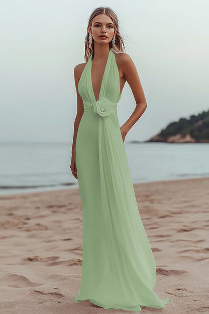 White A Line Deep V-Neck Long Engagement Dress with 3D Flower