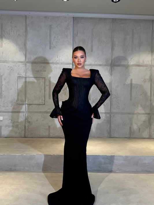 Black Lace Long Sleeves Square Evening Gown