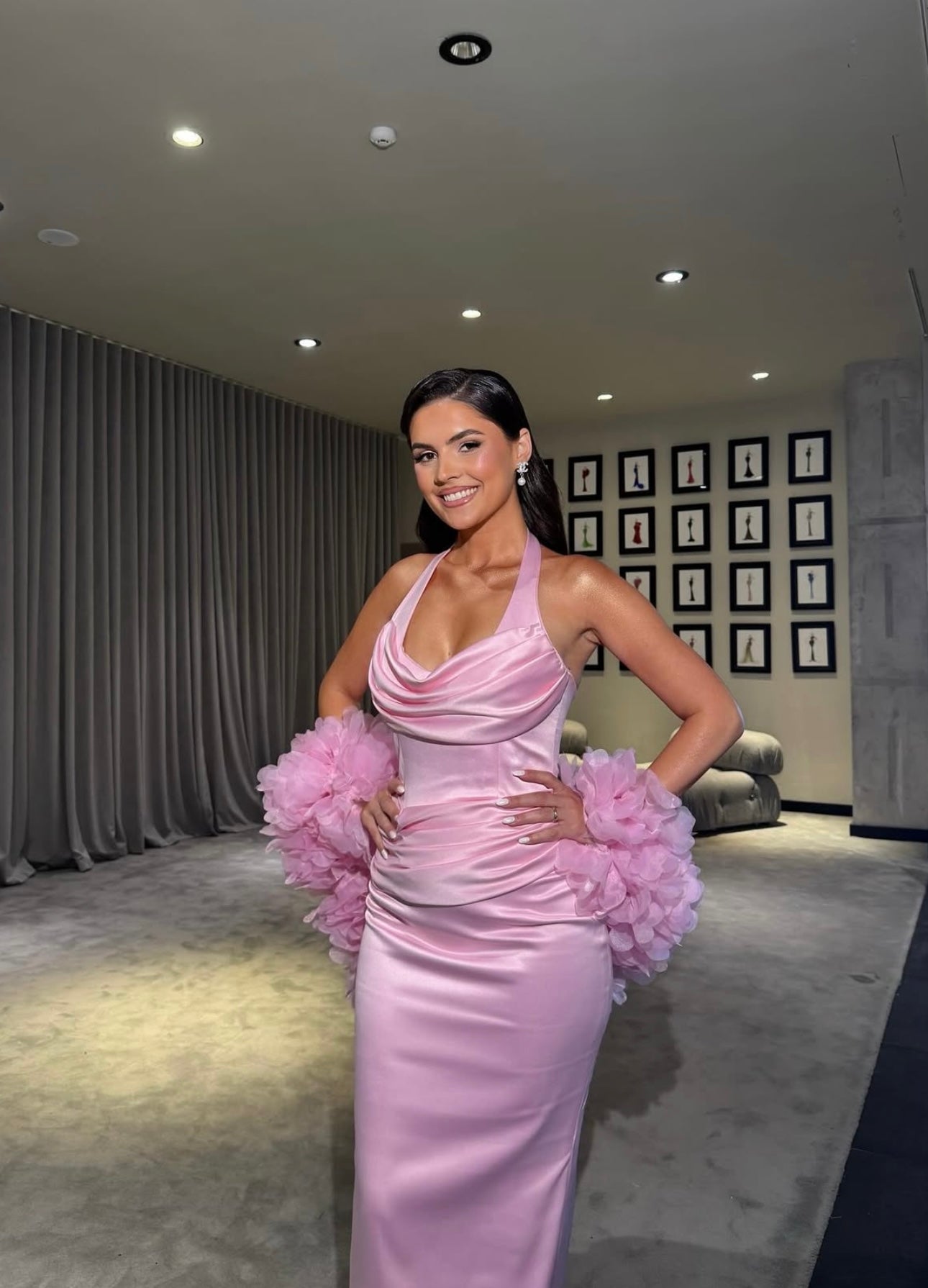 Pink Halter Dress with Floral cape Prom Dress