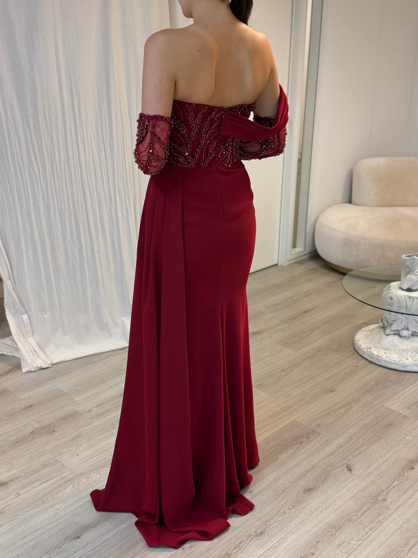 Burgundy Long SleevesOff-Shoulder Ruched Evening Dress