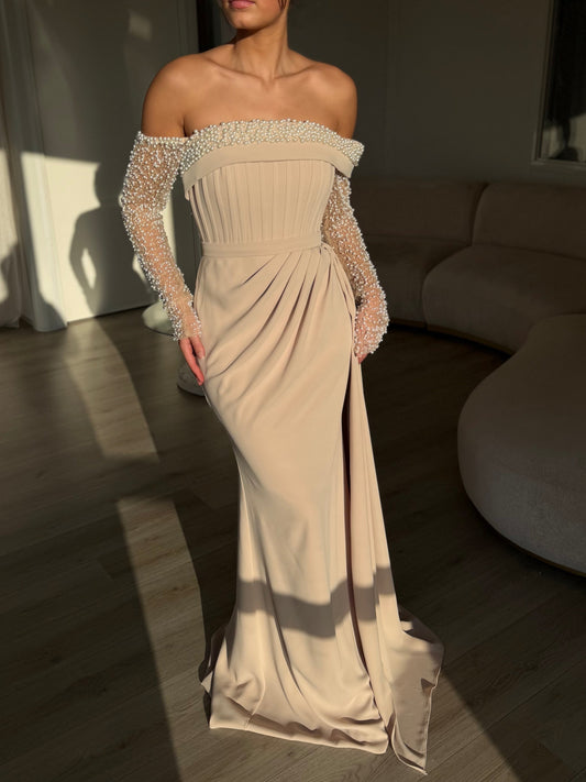 A-Line Long Sleeves Off-Shoulder Pearls Evening Dress