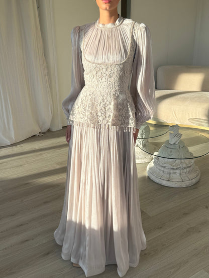 Ivory Vintage Long Sleeves Beaded Column Ruched Floor Length Formal Dress