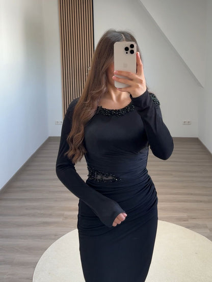 Long Sleeves Scoop Sequins Satin Evening Dress