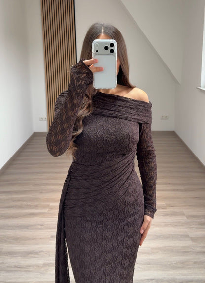 Long Sleeves Scoop Ruched Evening Party Dress with Detachable Train