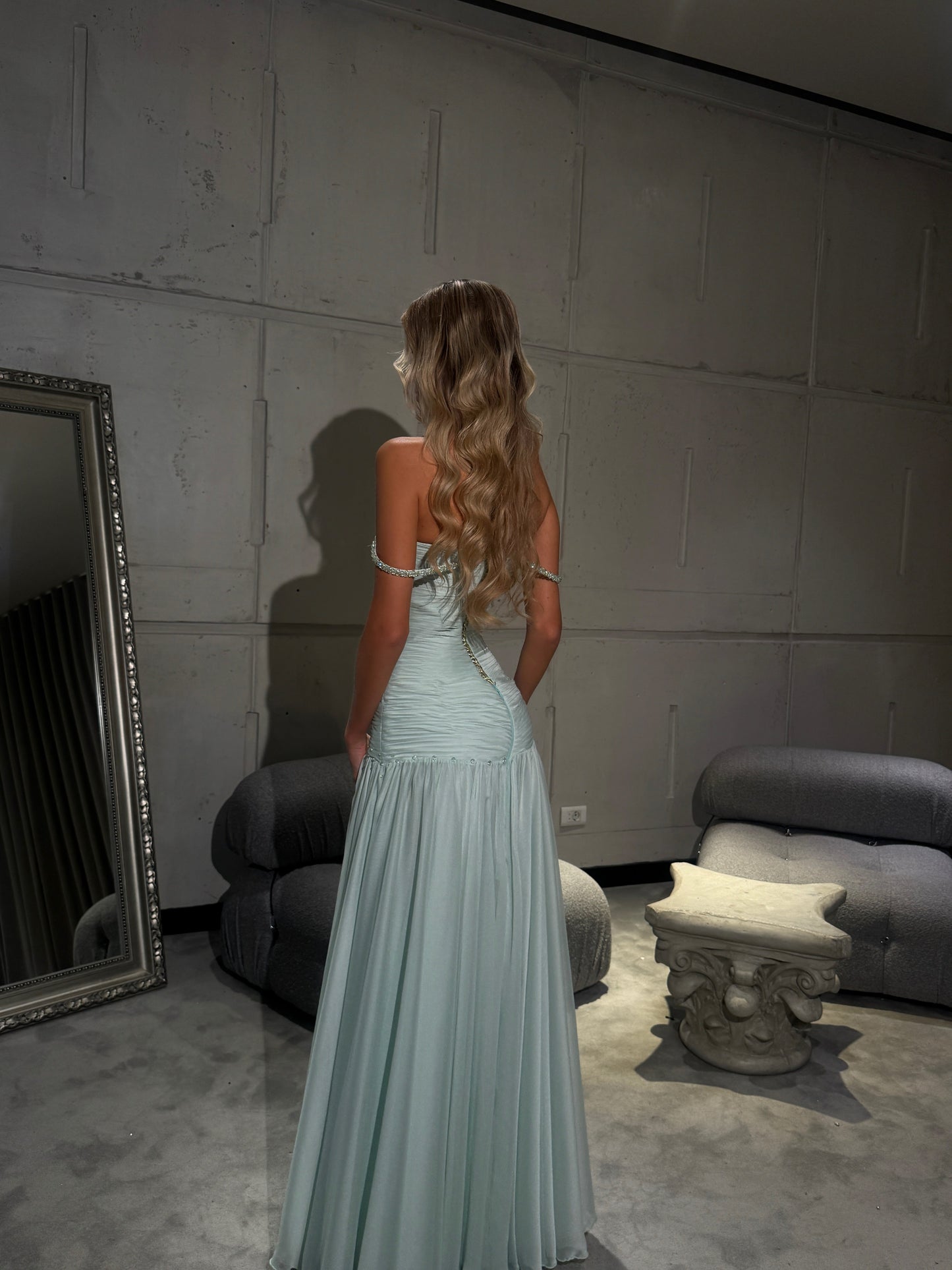 A-Line Sleeveless Strapless Flowing Mint Gown