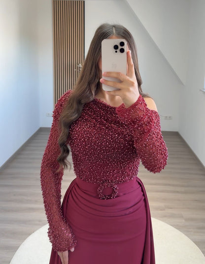 Mermaid Lace Long Sleeves Beaded Side Split Long Evening Formal Prom Dress