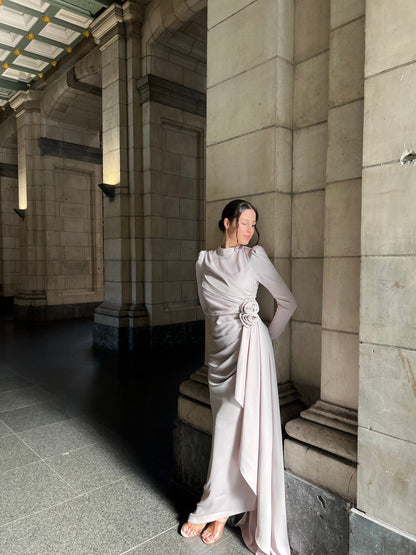 Beige Ankle Length Ruched Long Sleeves 3D Flower Evening Formal Dress