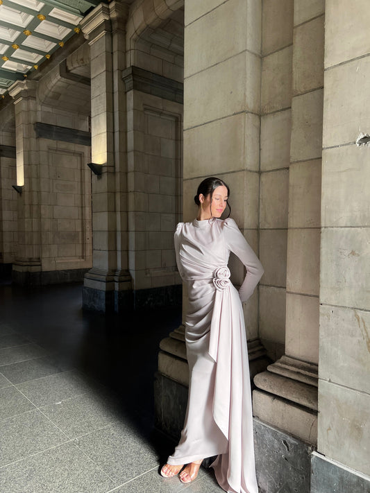 Beige Ankle Length Ruched Long Sleeves 3D Flower Evening Formal Dress