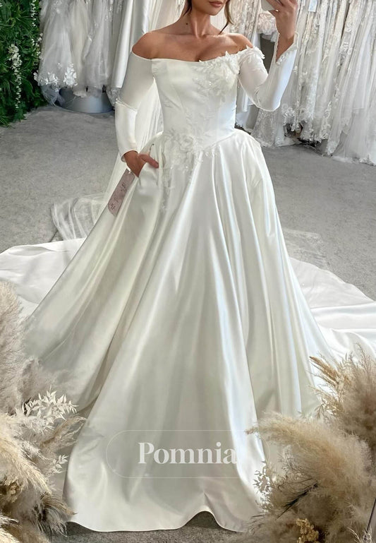 Eleagnt Long Sleeves Sweetheart Floral Appliques Wedding Dress