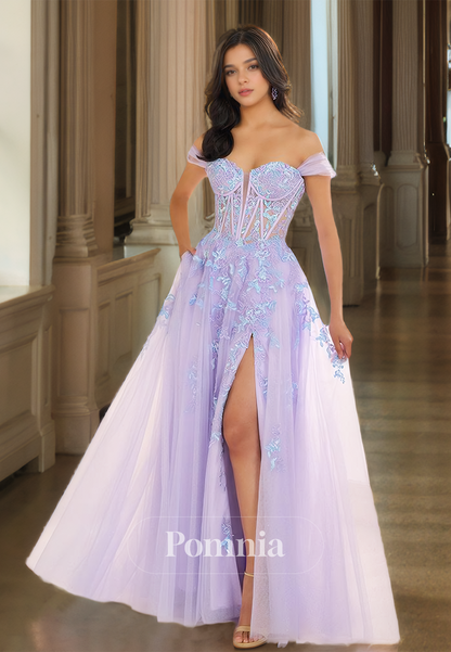 Elegant A-Line Off-Shoulder Sweetheart Prom Dress with Slit Appliques Evening Party Dress