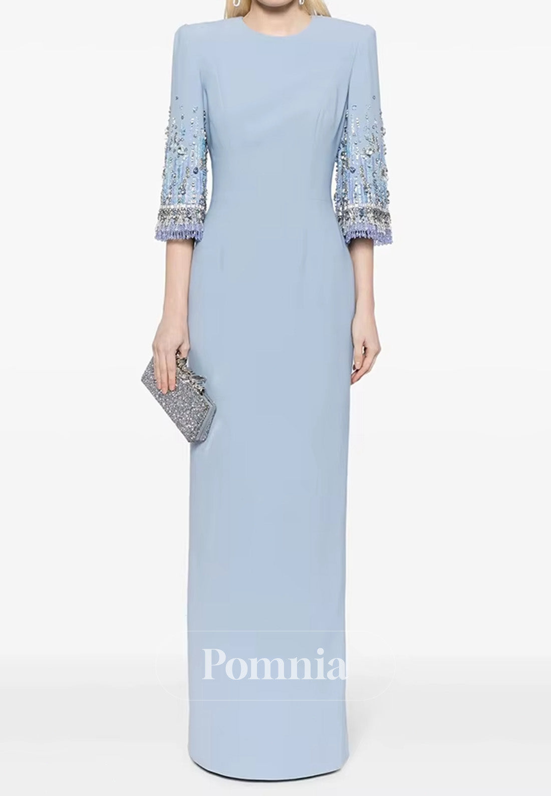 Elegant Half Sleeves Scoop Sequins A-Line Satin Evening Dress