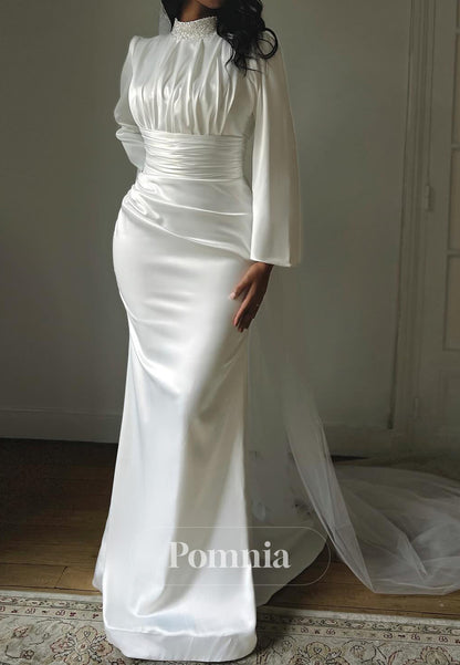Elegant High Neck Long Sleeves Ruched Mermaid Wedding Dress