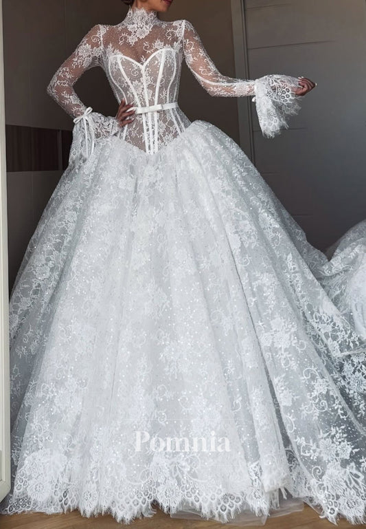 Elegant Long Sleeves High Neck Corset Tulle A-Line Wedding Dress