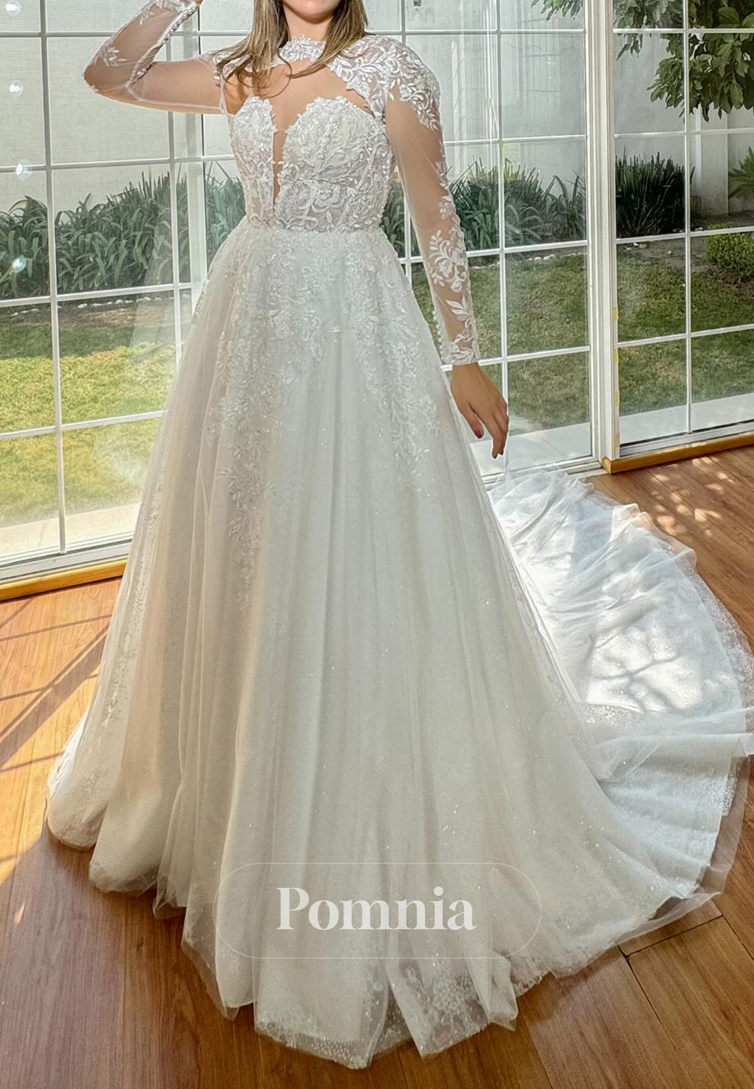 Elegant Long Sleeves High Neck Corset Tulle Wedding Dress