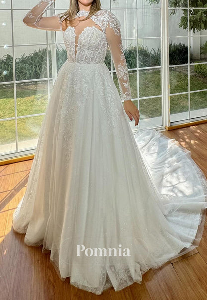 Elegant Long Sleeves High Neck Corset Tulle Wedding Dress
