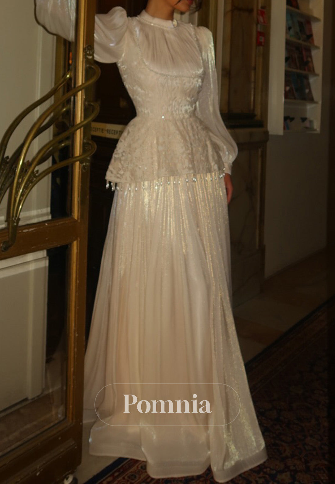 Elegant Long Sleeves High Neck Empire-Waist Evening Dress