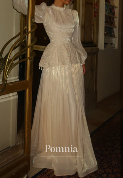 Elegant Long Sleeves High Neck Empire-Waist Evening Dress