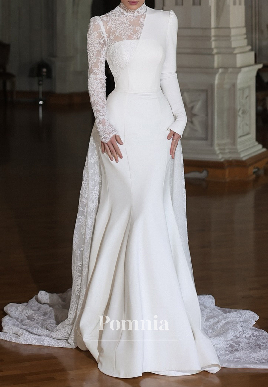 Elegant Long Sleeves High Neck Satin A-Line Wedding Dress