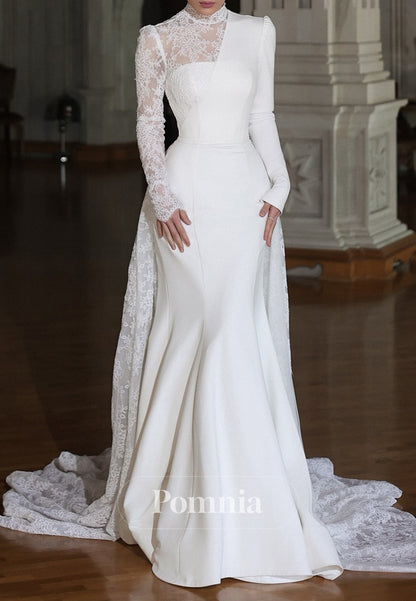 Elegant Long Sleeves High Neck Satin A-Line Wedding Dress