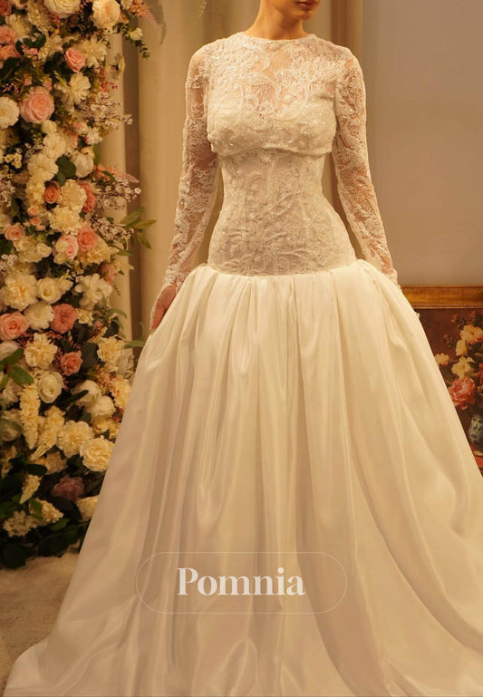 Elegant Long Sleeves Scoop Corset Tulle A-Line Wedding Dress