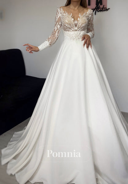 Elegant Long Sleeves Scoop Floral Appliques Lace Wedding Dress
