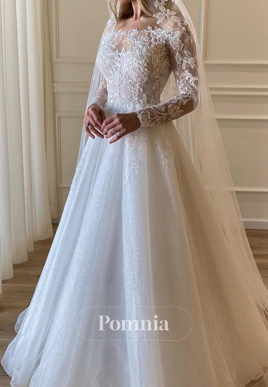 Elegant Long Sleeves Scoop Floral Appliques Lace Wedding Dress
