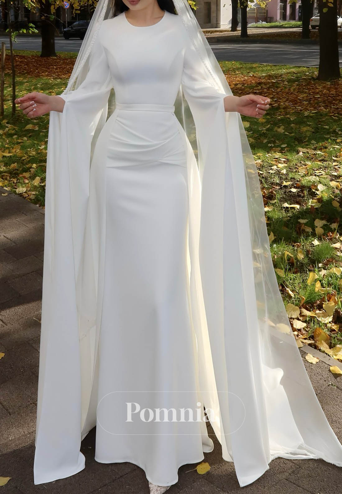 Elegant Long Sleeves Scoop Ruched A-Line Satin Wedding Dress