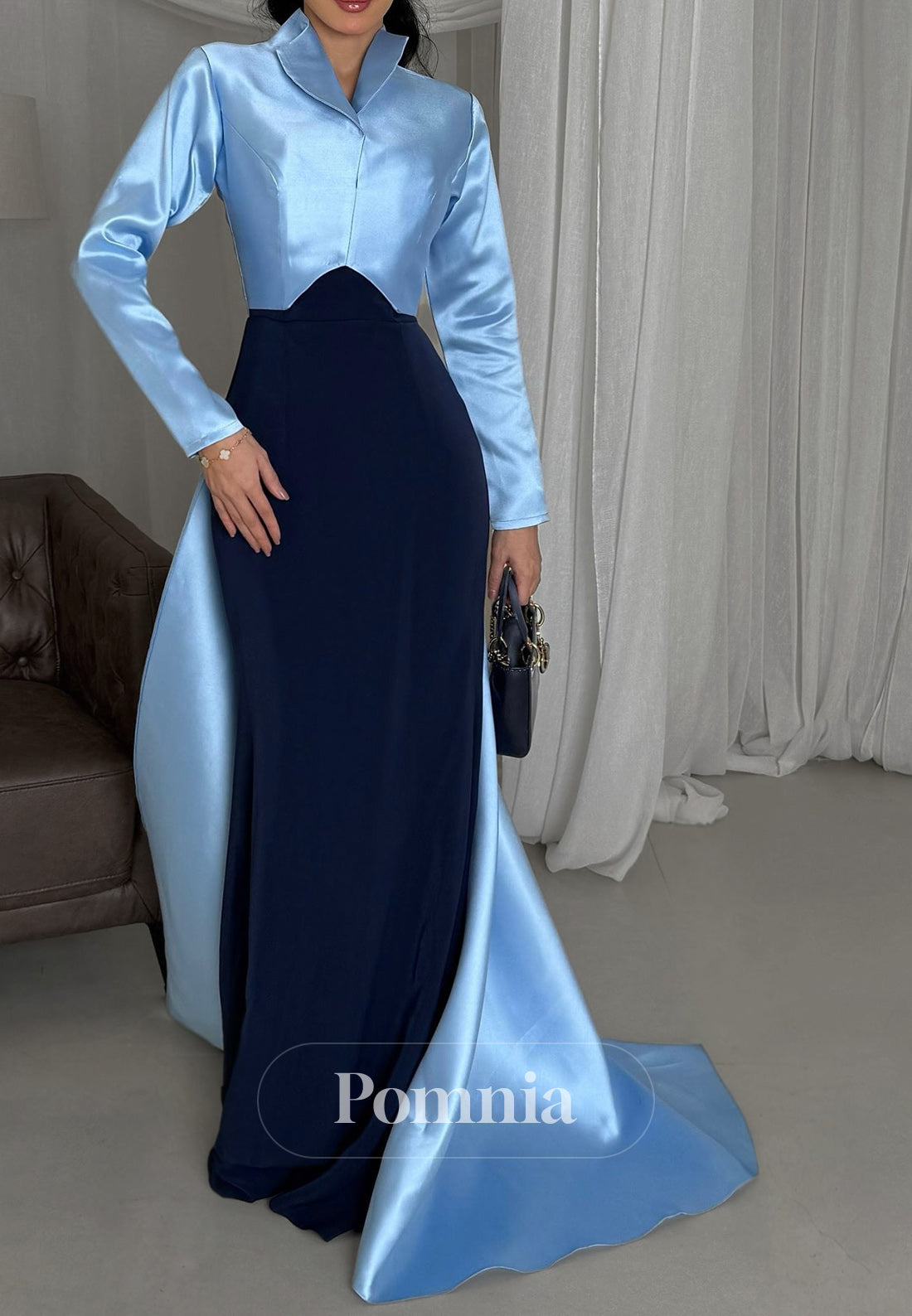 Elegant Long Sleeves Suit Collar Empire-Waist Evening Dress