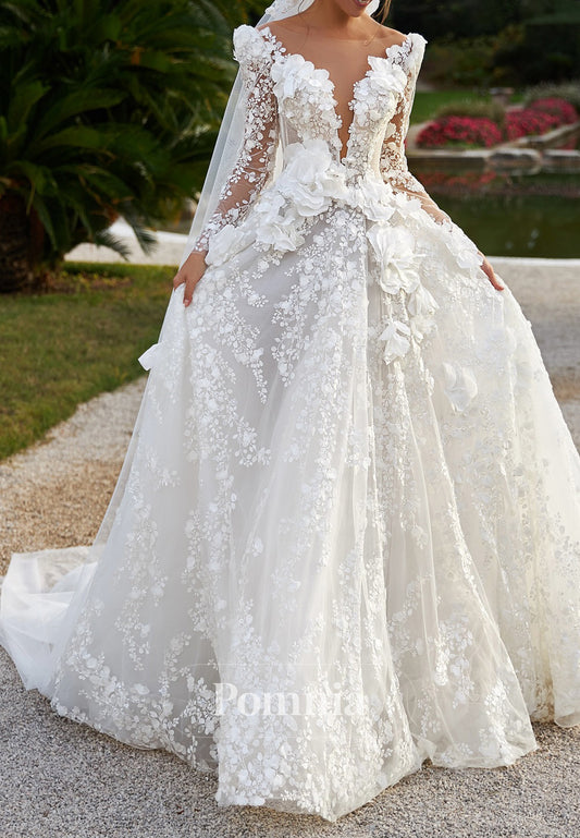 Elegant Long Sleeves Sweetheart Floral Appliques Lace Wedding Dress