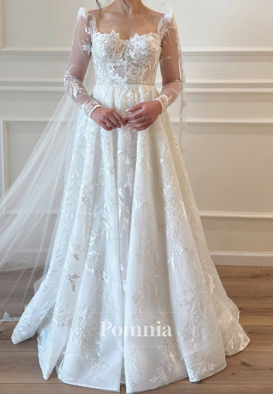 Elegant Long Sleeves Sweetheart Floral Appliques Wedding Dress