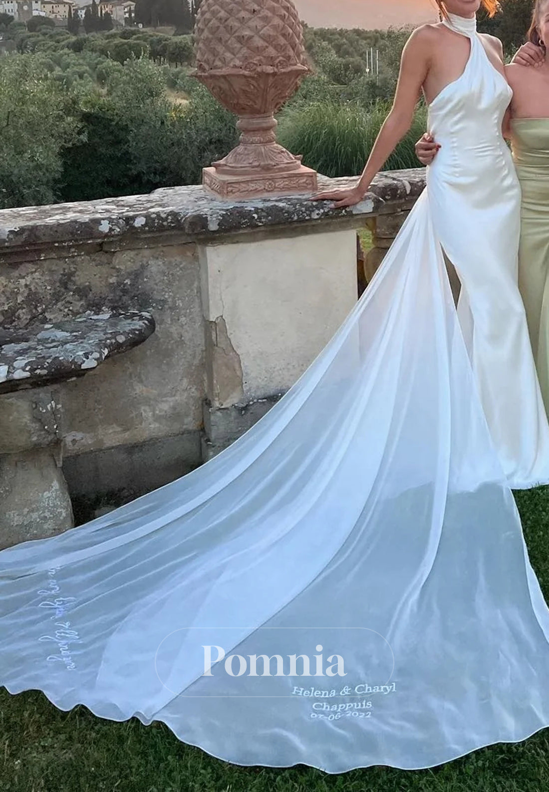 Elegant Mermaid Halter Neck White Long Bridal Dress with Sweep Train