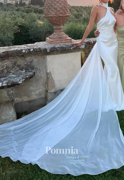 Elegant Mermaid Halter Neck White Long Bridal Dress with Sweep Train