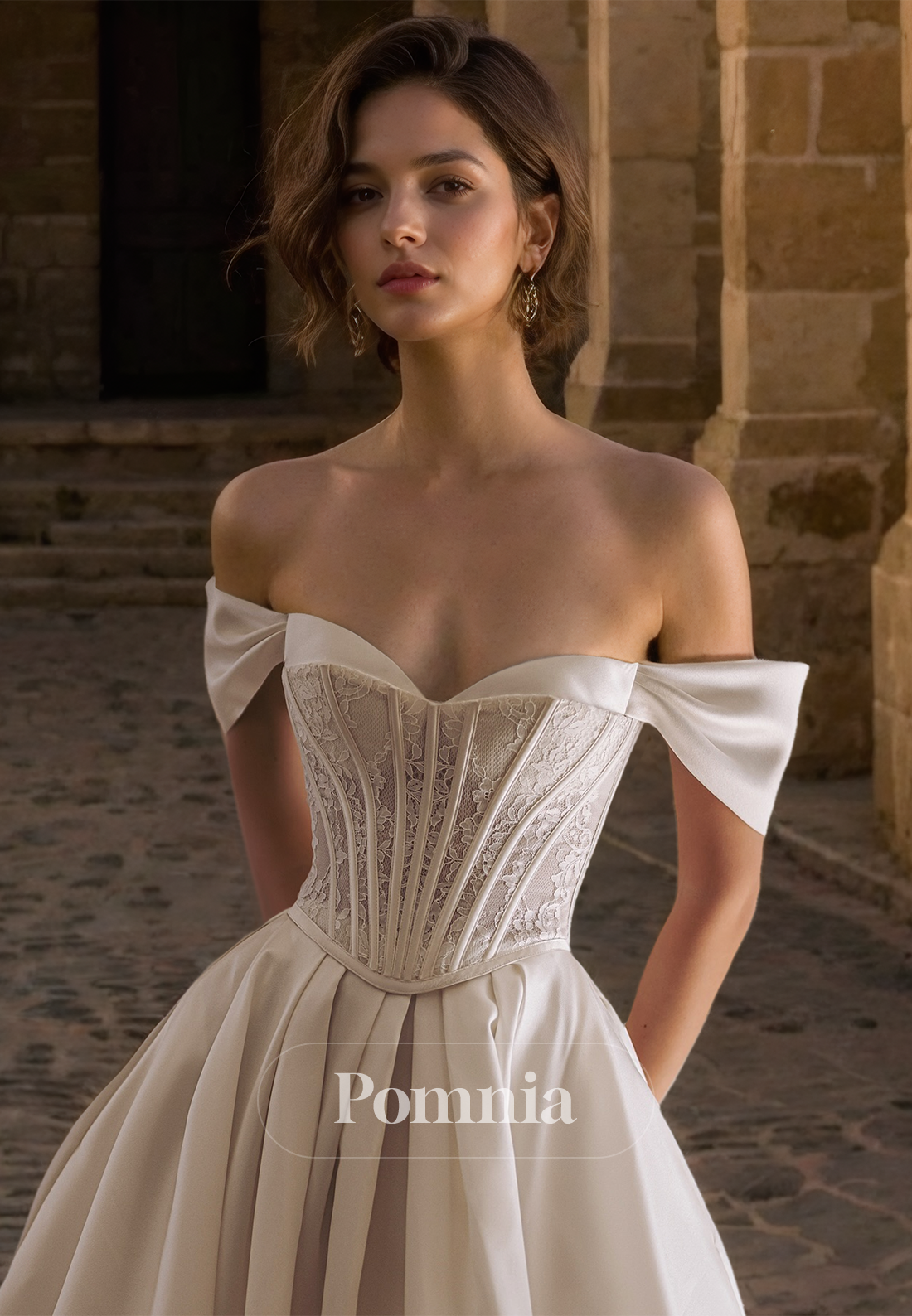 Elegant Off-Shoulder A-Line Ruched Lace Corset Satin Wedding Dress