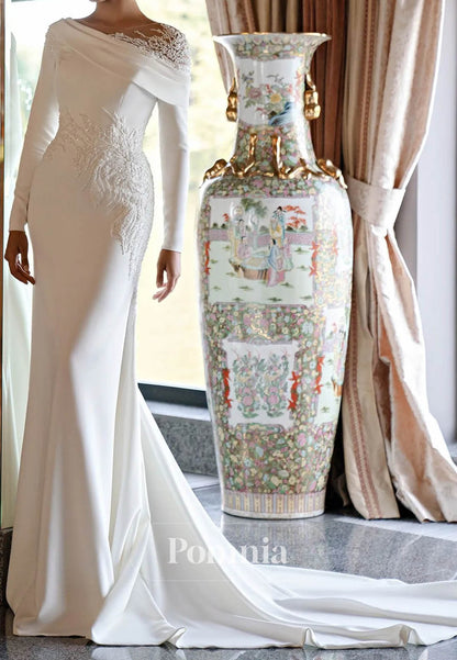 Elegant One-shoulder Appliques Lace Satin Long sleeves Wedding Dress