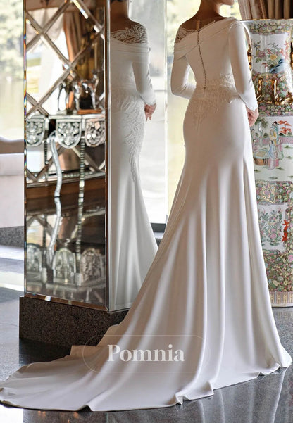 Elegant One-shoulder Appliques Lace Satin Long sleeves Wedding Dress