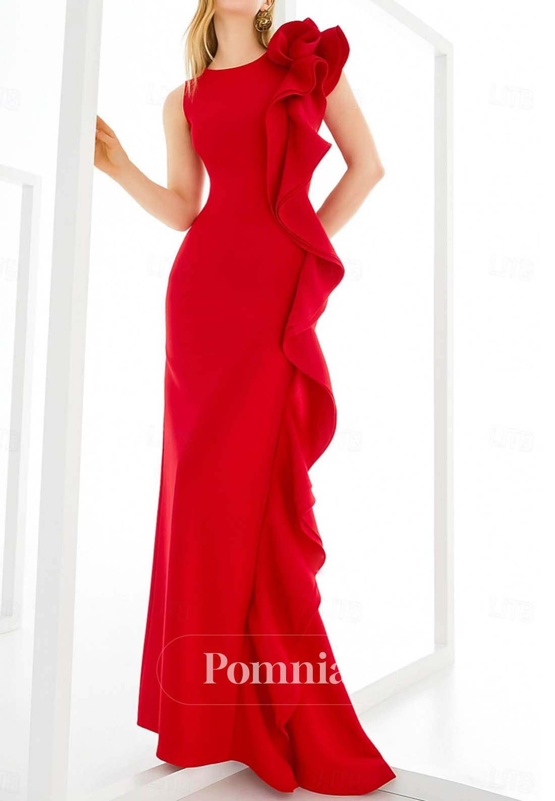 Elegant One Shoulder Sleeveless Ruffles Evening Dress
