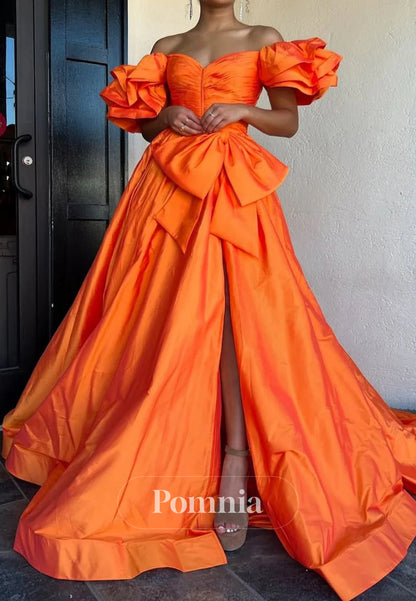 Elegant Orange A-Line Off The Shoulder Long Satin Prom Dress