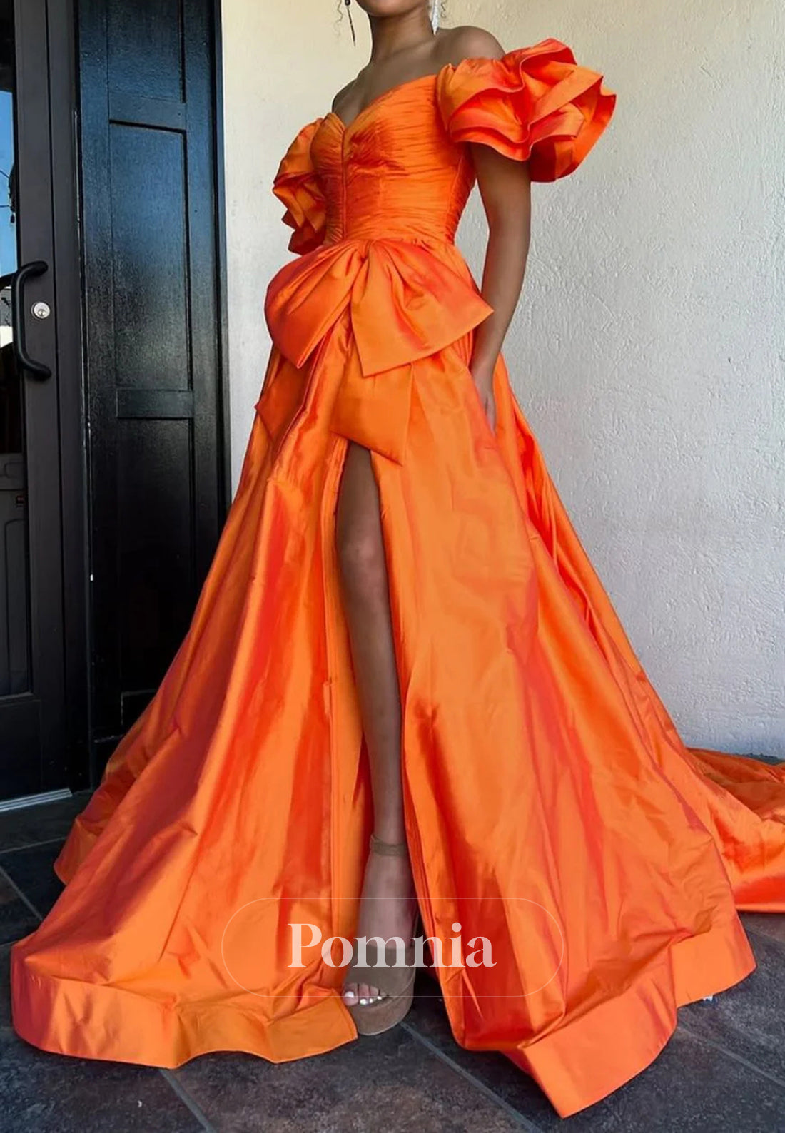 Elegant Orange A-Line Off The Shoulder Long Satin Prom Dress