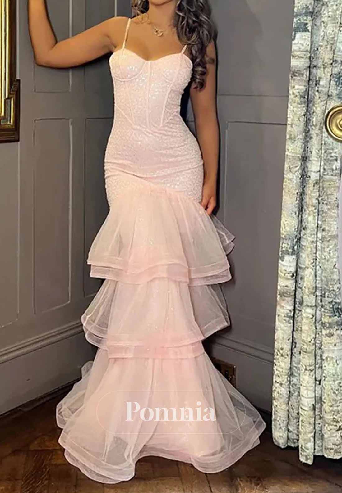 Elegant Pink Sequins Tiered Mermaid Ruffles Prom Dress