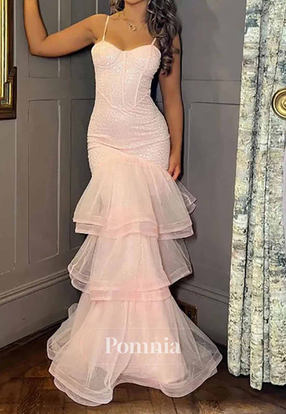 Elegant Pink Sequins Tiered Mermaid Ruffles Prom Dress