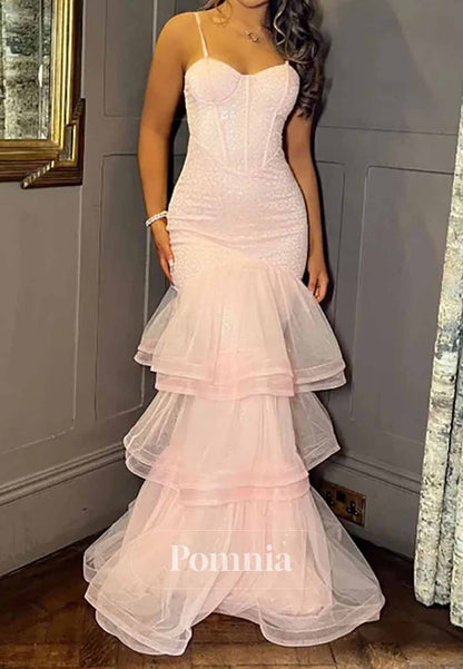 Elegant Pink Sequins Tiered Mermaid Ruffles Prom Dress