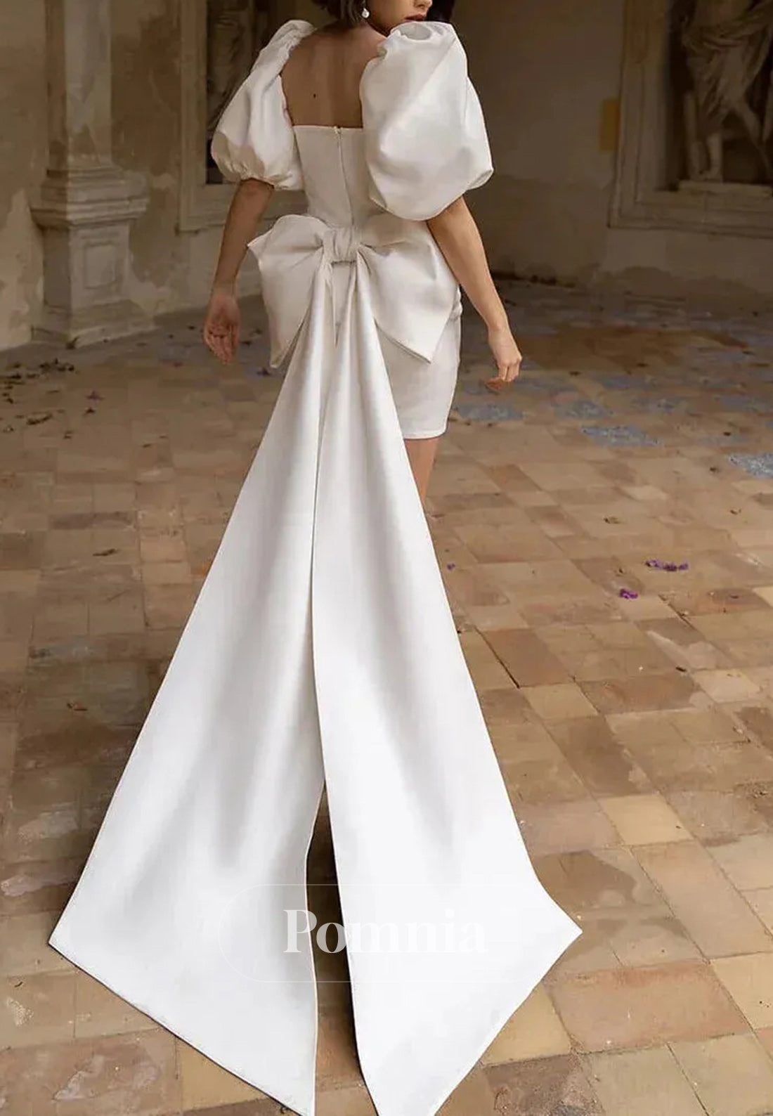 Elegant Satin Short Mini Big Bow Half Puff Sleeves Wedding Dress