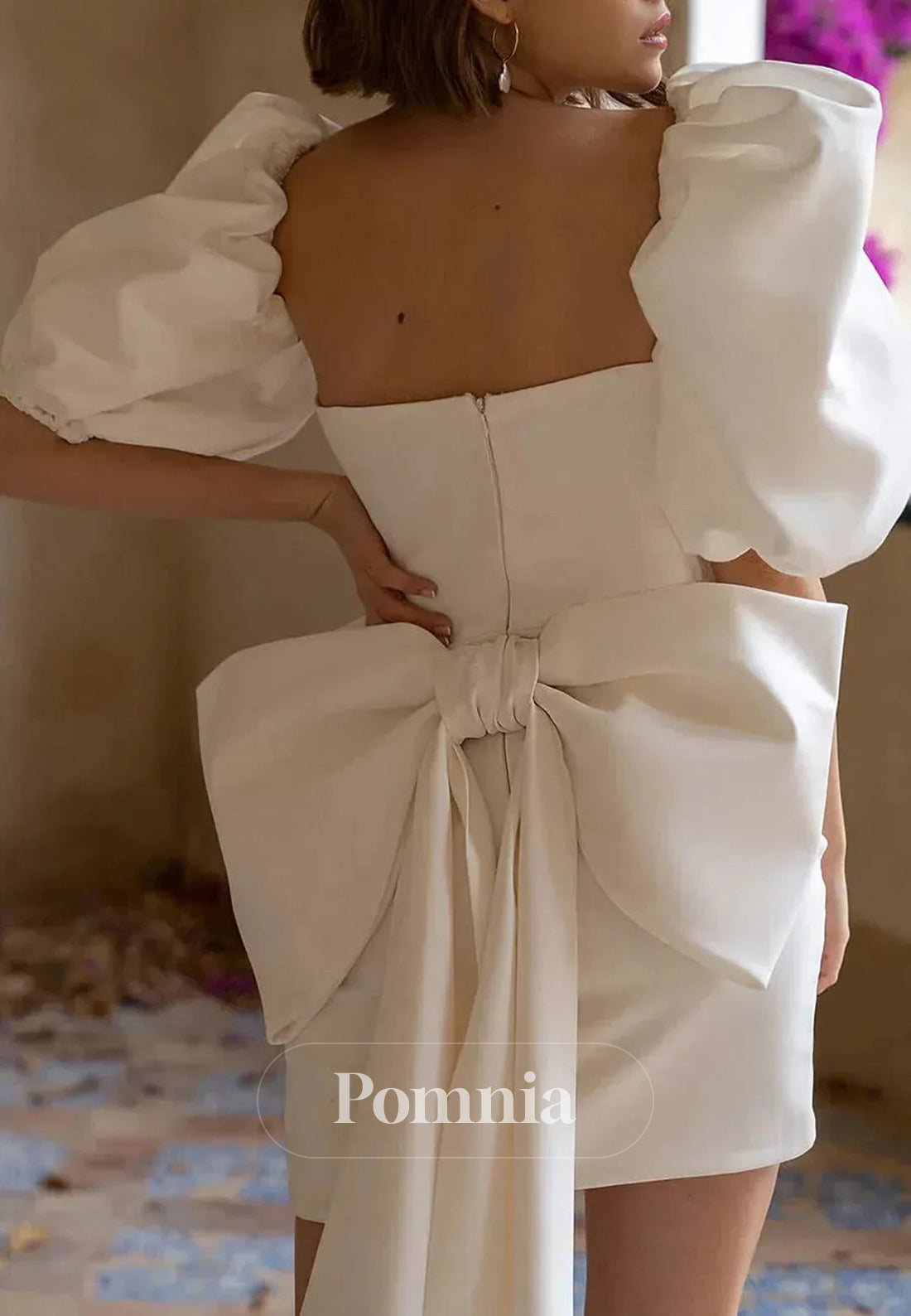 Elegant Satin Short Mini Big Bow Half Puff Sleeves Wedding Dress