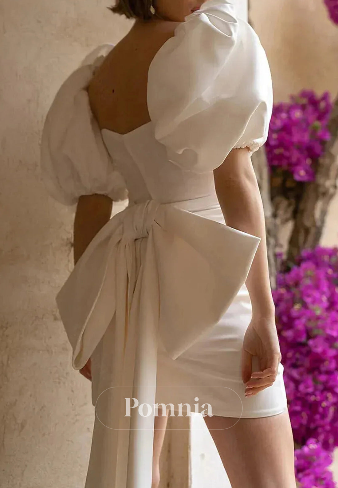 Elegant Satin Short Mini Big Bow Half Puff Sleeves Wedding Dress