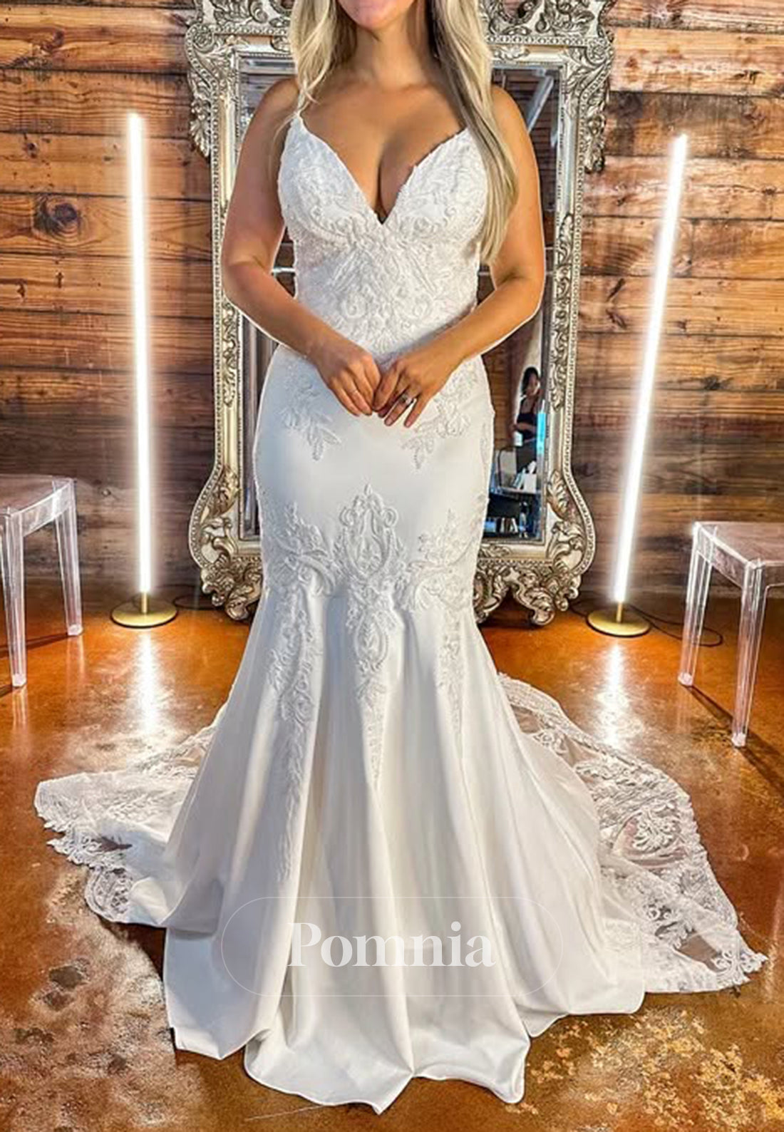 Elegant Spaghetti Straps V-Neck Sweep Train Wedding Dress