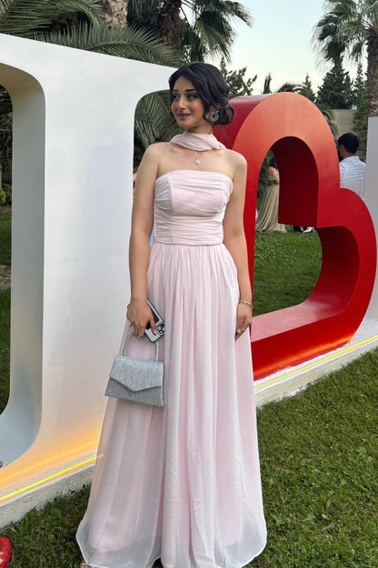 Elegant Strapless A-Line Chiffon Long Prom Dress with Scarf Detail