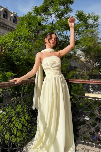 Elegant Strapless A-Line Chiffon Long Prom Dress with Scarf Detail