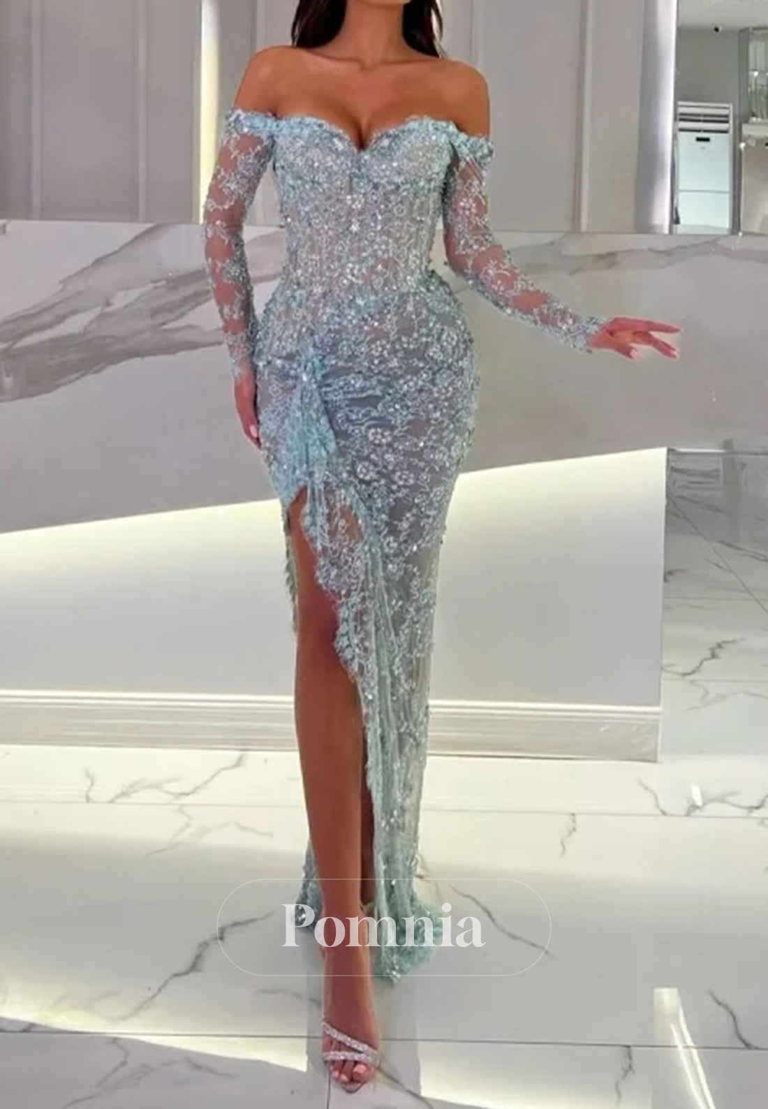 Elegant Sweetheart Lace Split Strapless Prom Dress With Long Sleeves