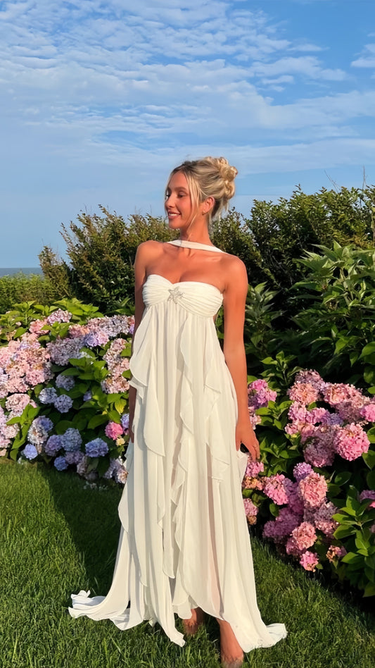 Elegant White Chiffon Party Dress Ruffle Women Prom Dress